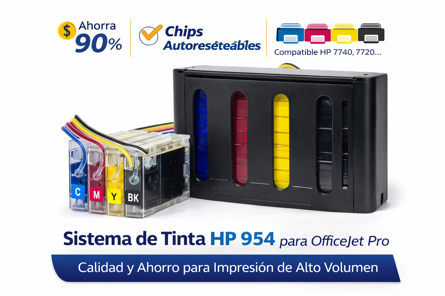 Sistema de Tinta HP 954 con Chips Autoreseteables | Compatible HP OfficeJet Pro 7740, 7720, 8210, 8720, 8710